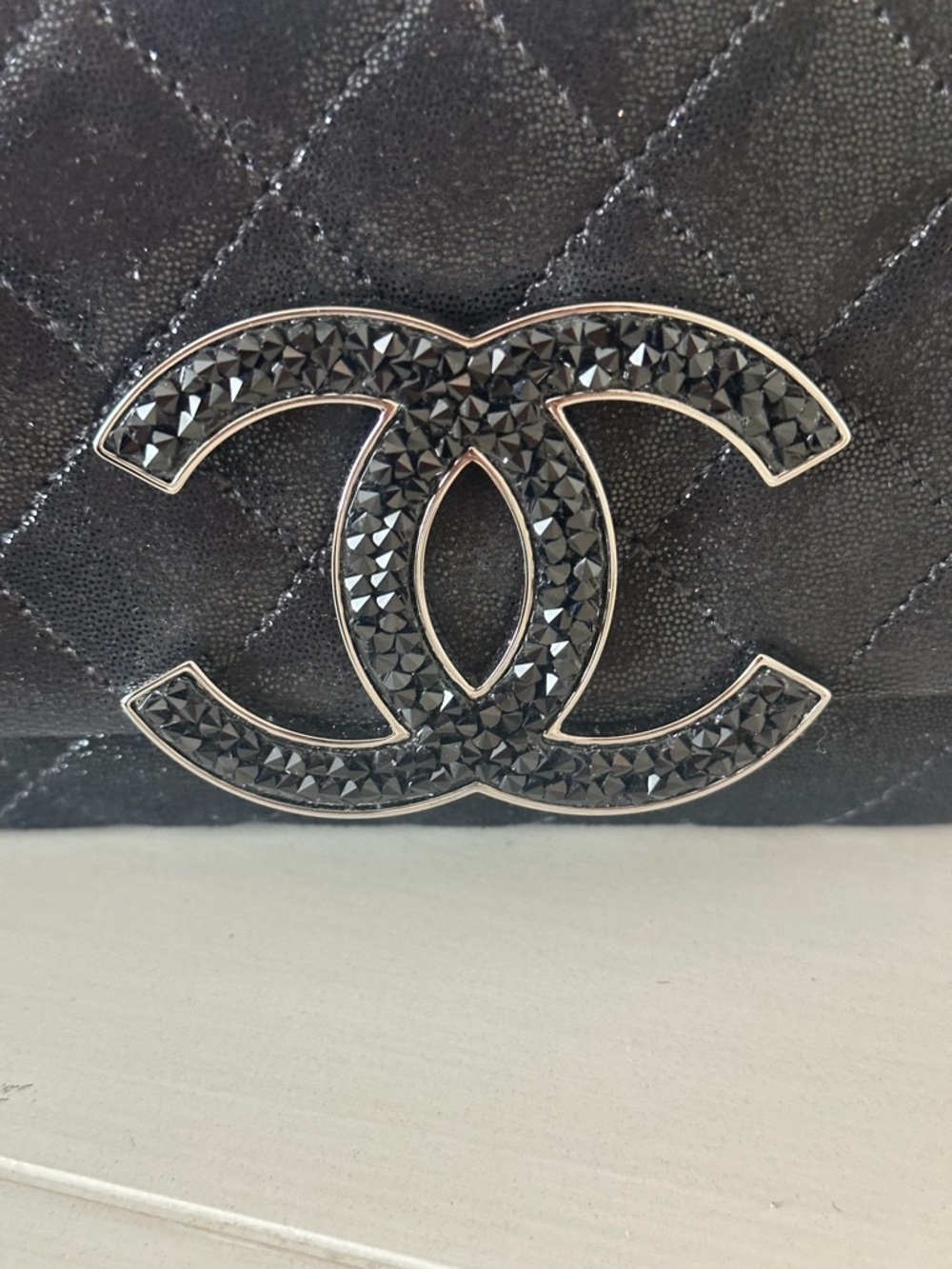 Chanel Quilted CC Crystal Black Leather Shoulder Bag with Chain Strap - Picture 10 of 16